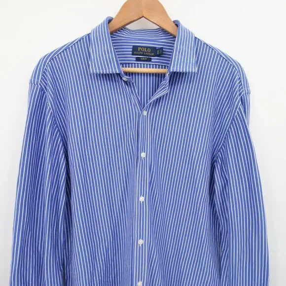 Polo Ralph Lauren Button Down Shirt Blue White Striped Long Sleeve Slim Fit 17 - Picture 2 of 10